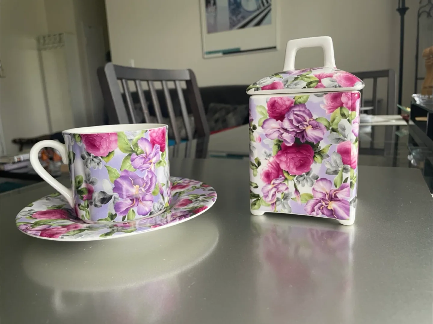 NEW Fine Ceramics Cup, Saucer and Sugar Container Set thumbnail