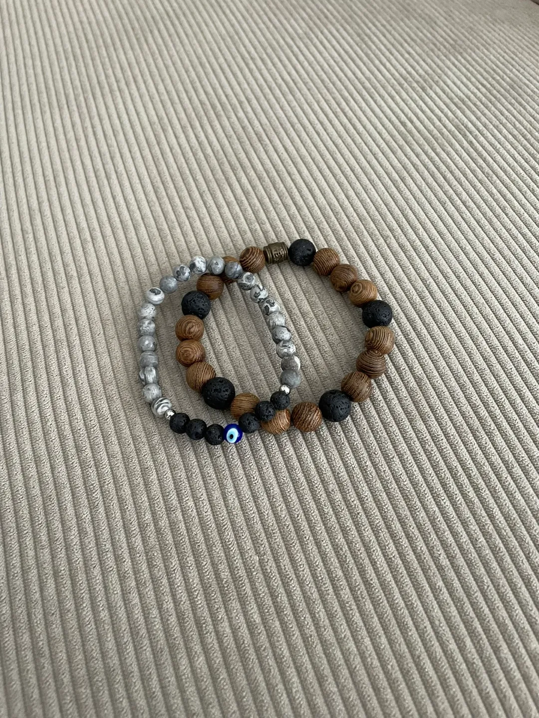 Two Beaded Bracelets, Grey & Wood, Evil Eye Charm thumbnail