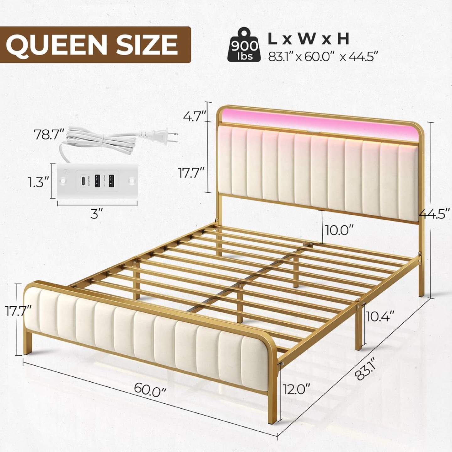 Queen Size Metal Bed Frame with LED Headboard - Gold - photo 2