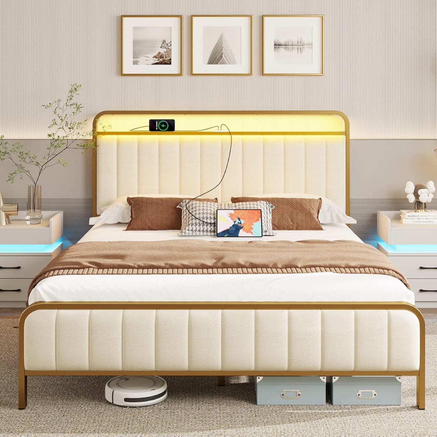 Queen Size Metal Bed Frame with LED Headboard - Gold - photo 4