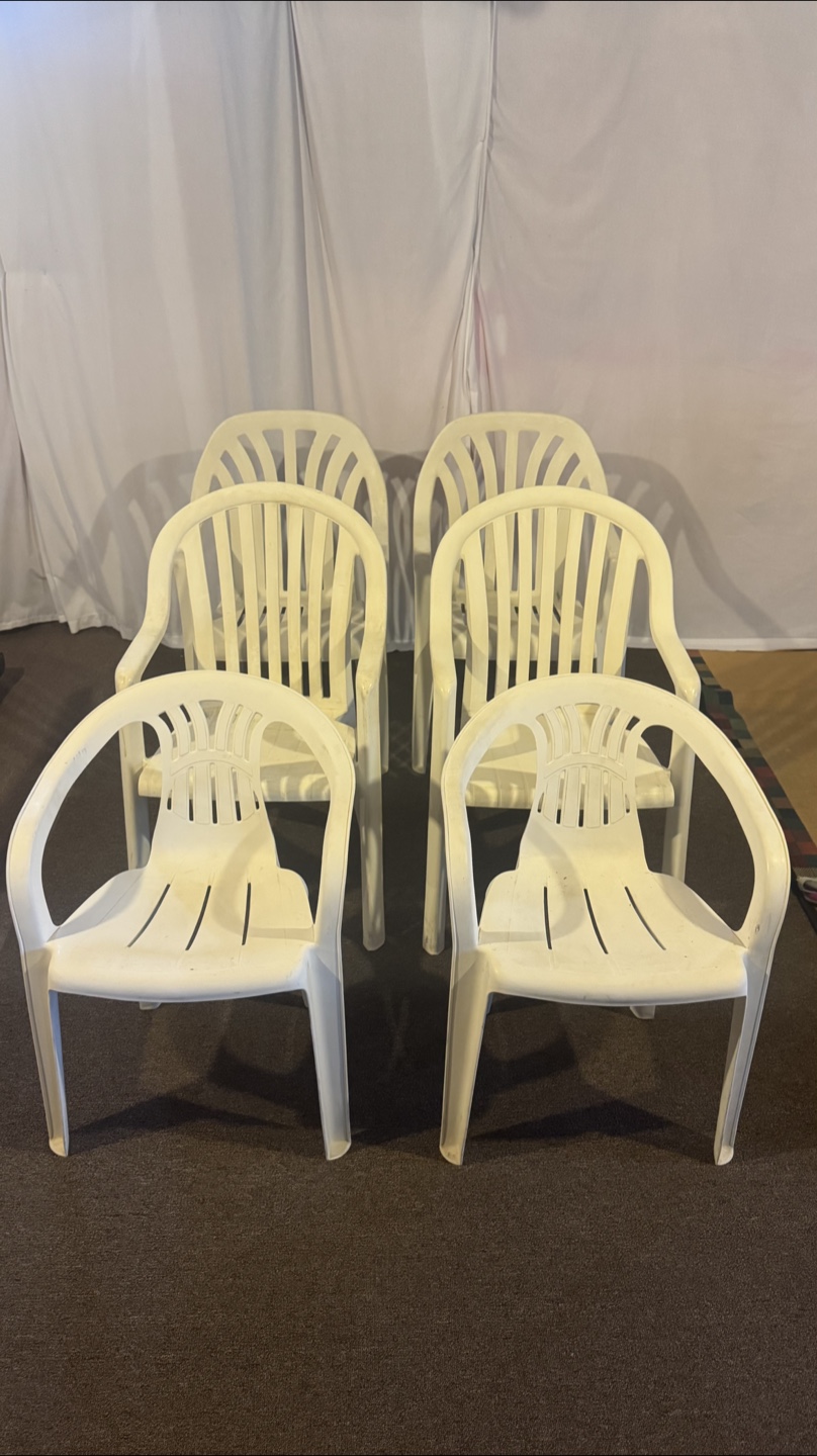 Set of Six Off-White Plastic Patio Chairs