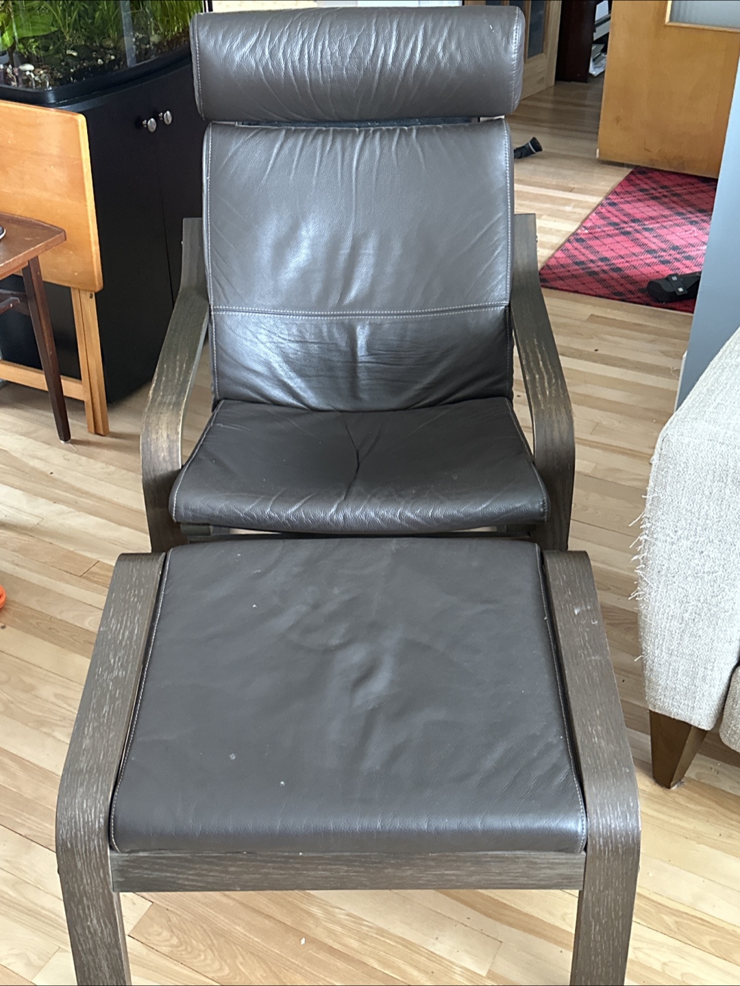 IKEA Poang Leather Chair with Ottoman