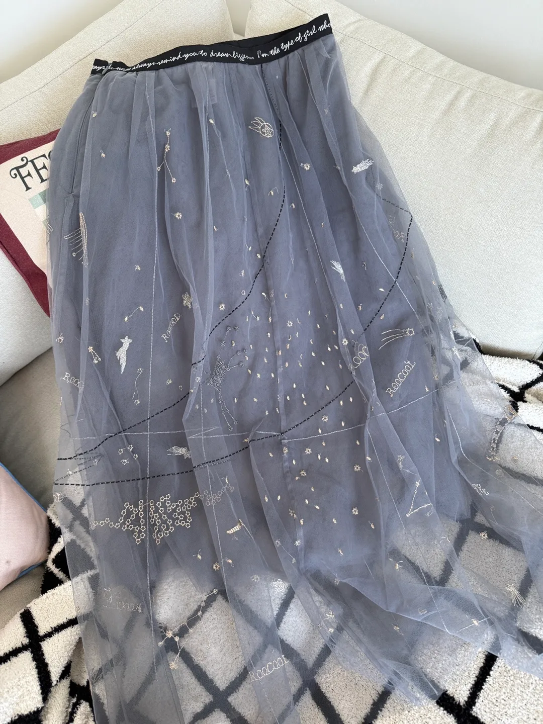 Grey tulle midi skirt with celestial embroidery thumbnail