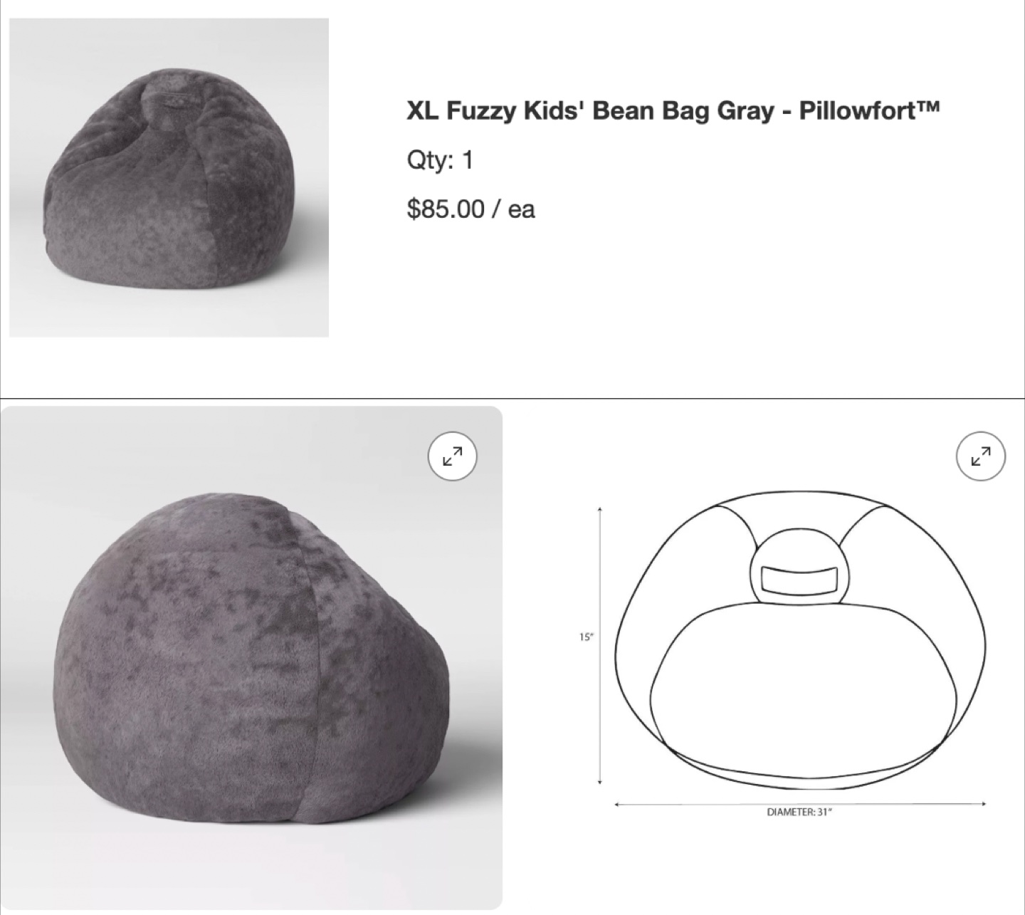 XL Fuzzy Fur Kids' Bean Bag — Excellent condition