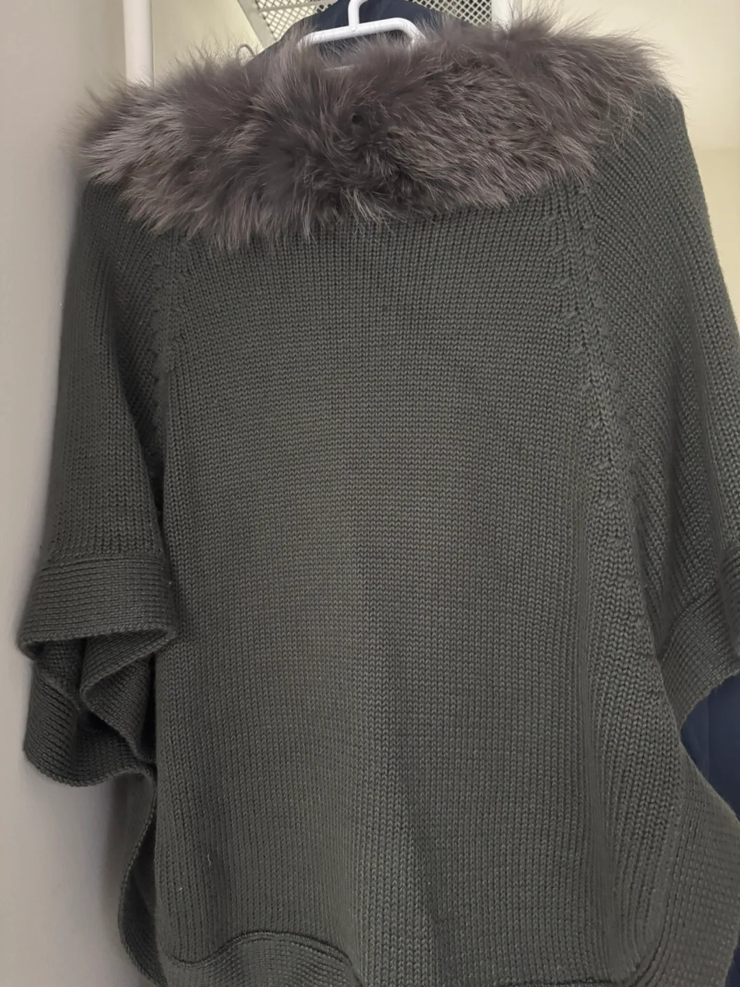 Zara Knitted Poncho with Faux Fur Collar - Size XL thumbnail