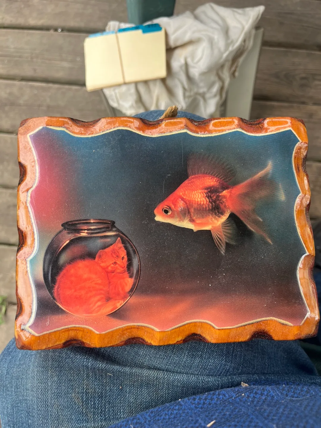 Vintage Wooden Plaque - Goldfish and Kitten thumbnail