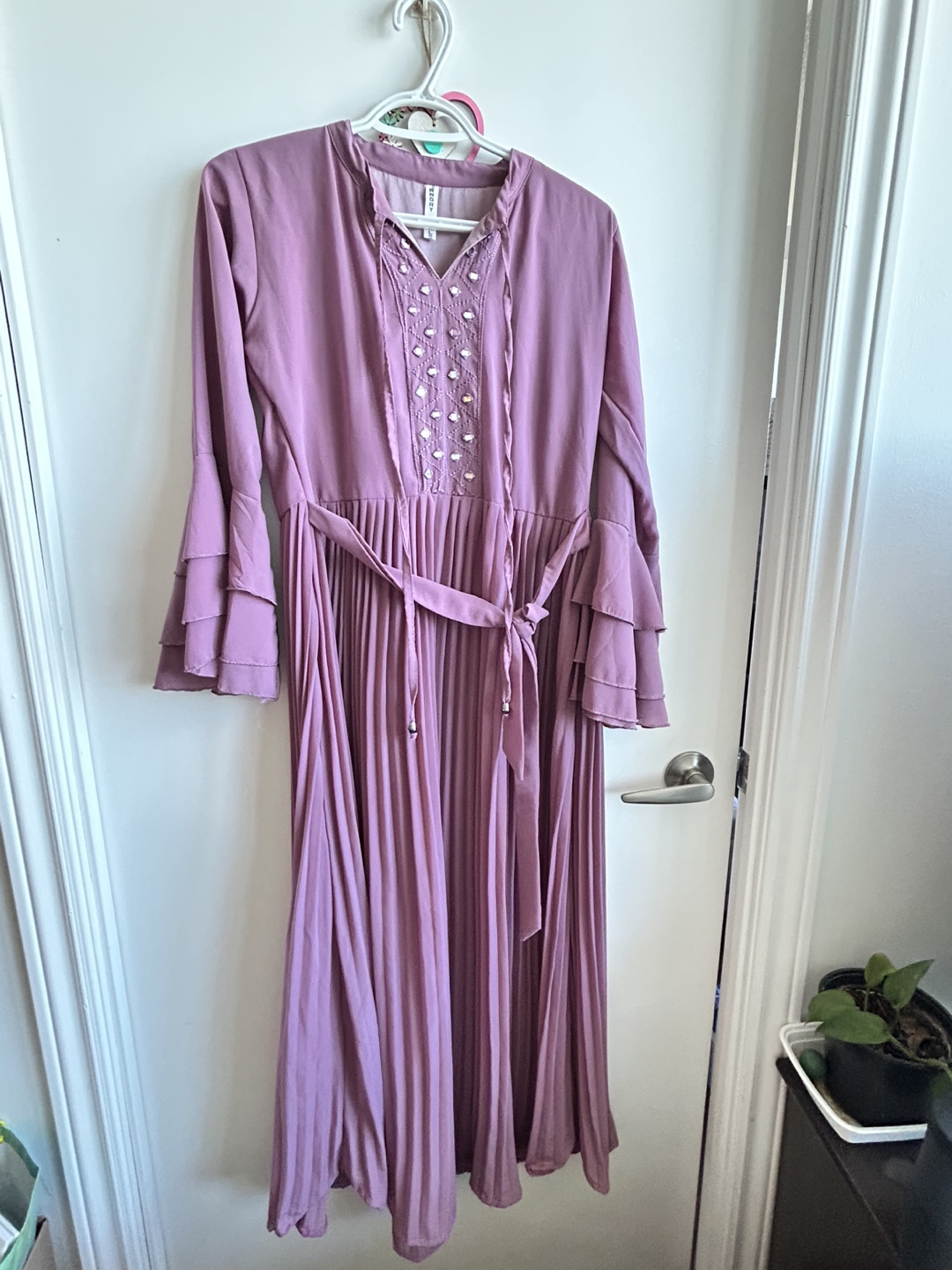 Gorgeous mauve pleated maxi dress with bell sleeves