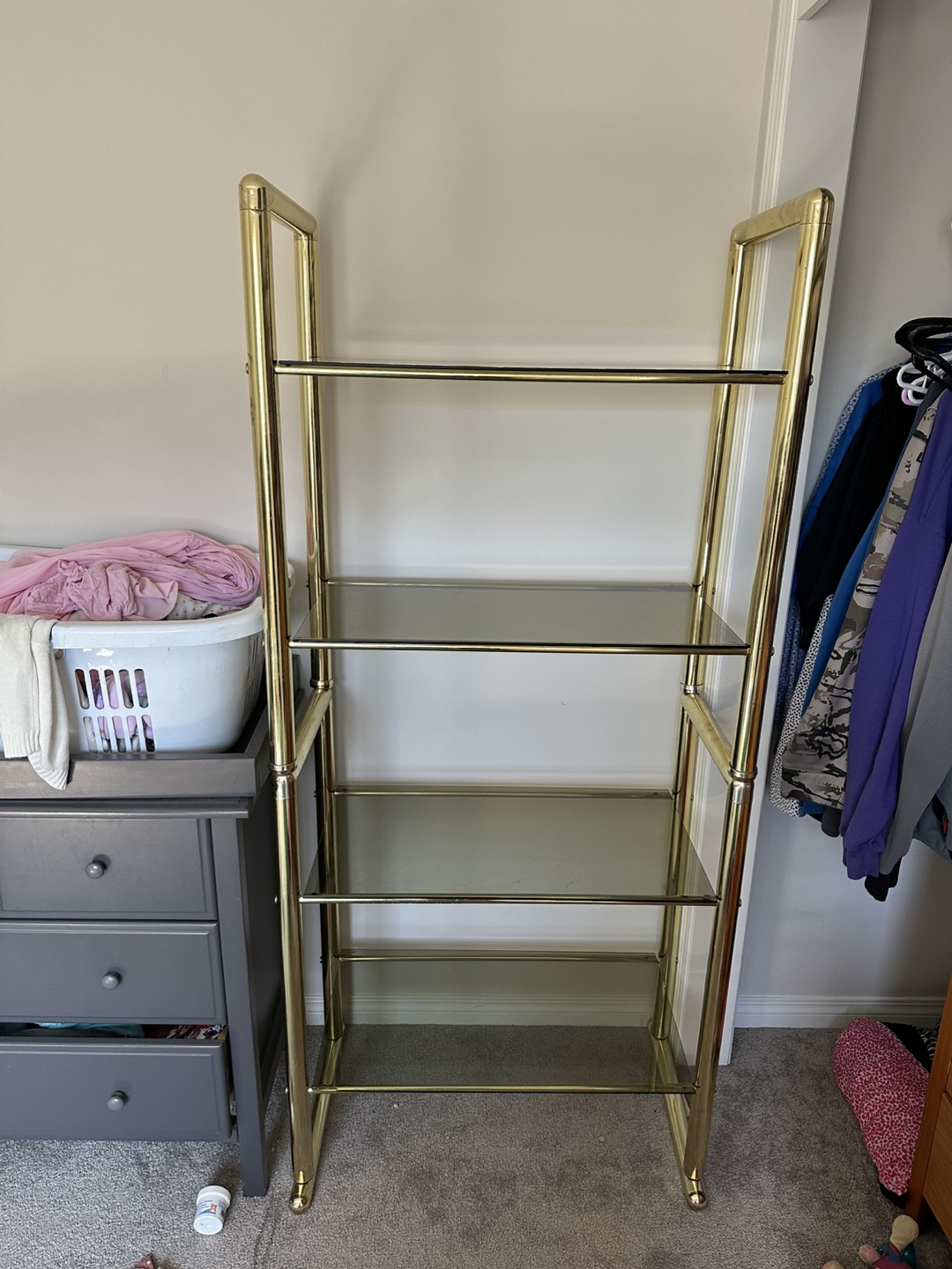 Antique Brass Metal and Glass Shelving Unit