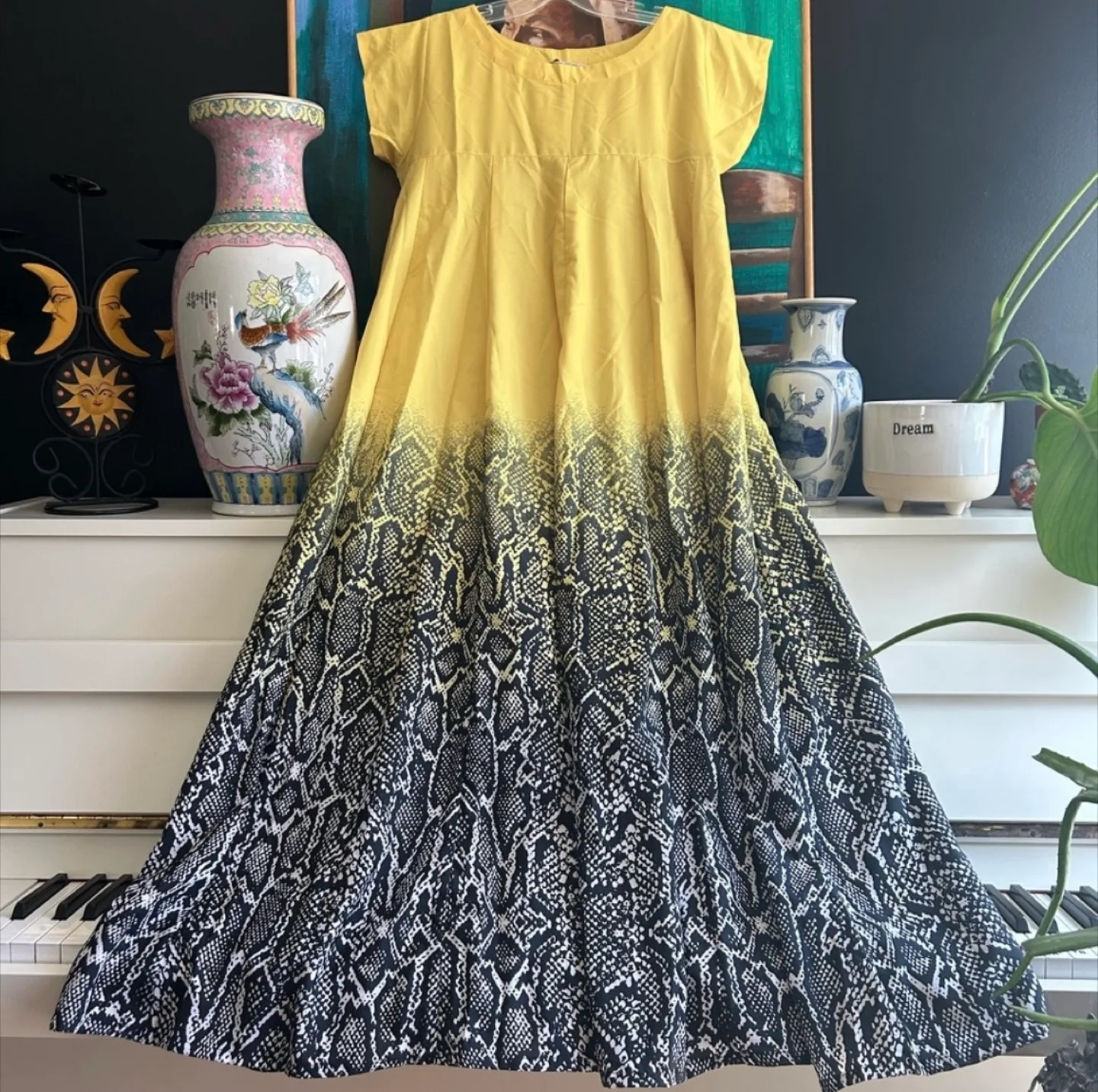 Yellow and Snake Printed Kurta Summer Party Dress size M thumbnail