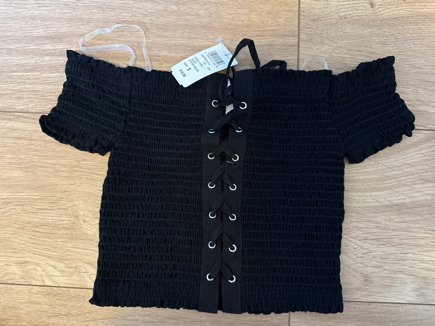Windsor Black Lace-Up Smocked Crop Top - Size Small thumbnail