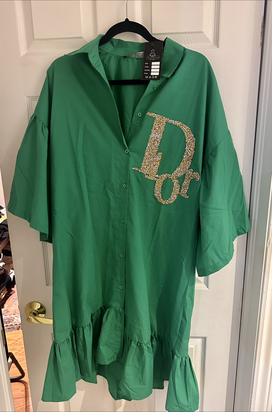 Emerald Green Button-Down Dress Dior-Inspired Logo