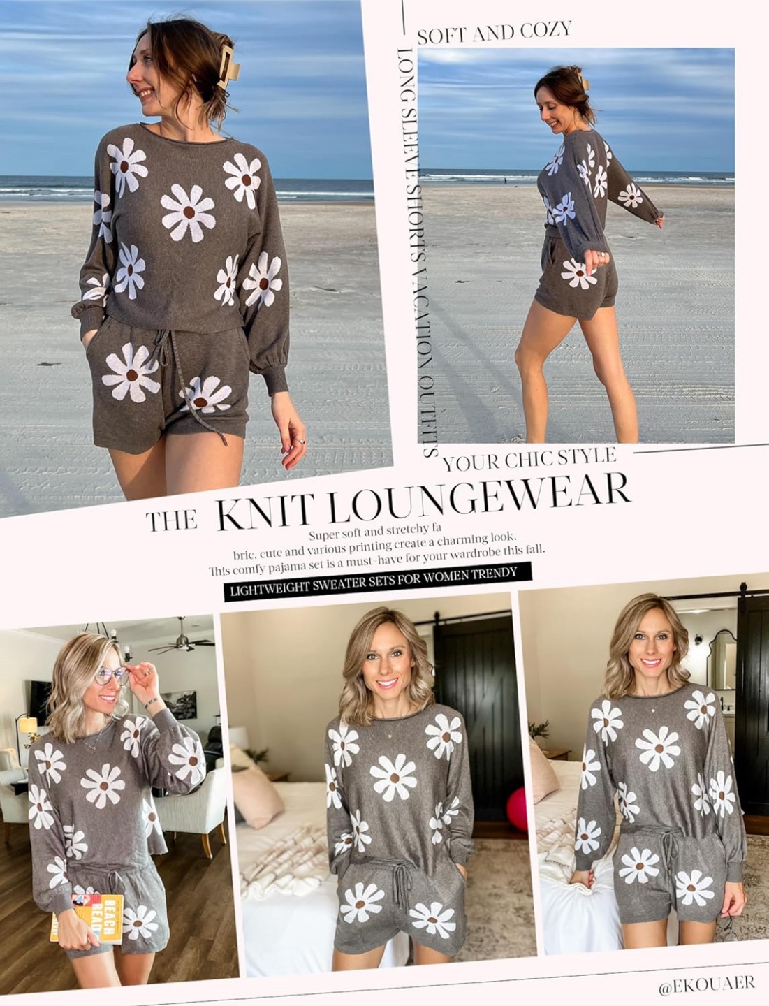 NEW! Ekouaer Grey Daisy Knit Loungewear Set - photo 2