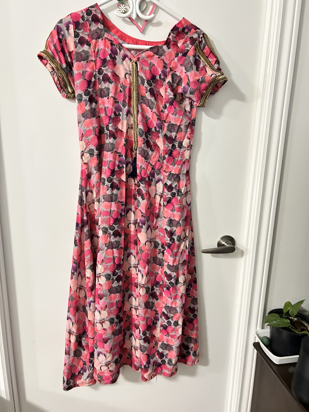Pink Floral Maxi Dress with Gold Detailing