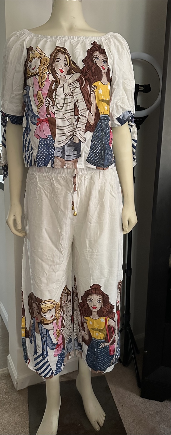 Girls Cartoon Print Wide Leg Palazzo Pants Set