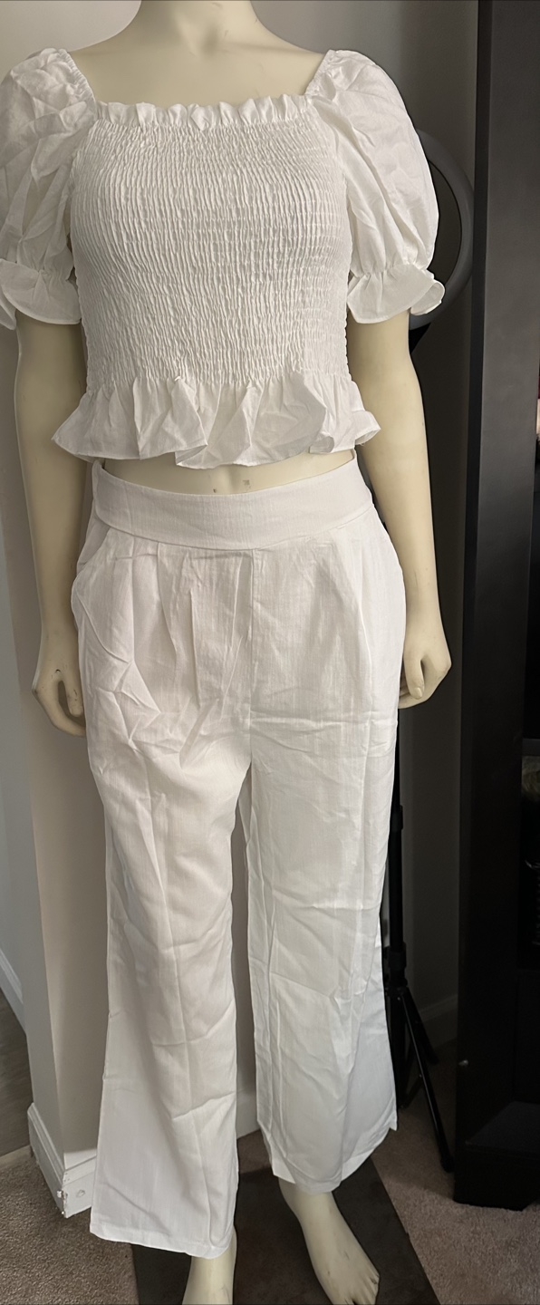 White Smocked Crop Top and Wide Leg Pant Set