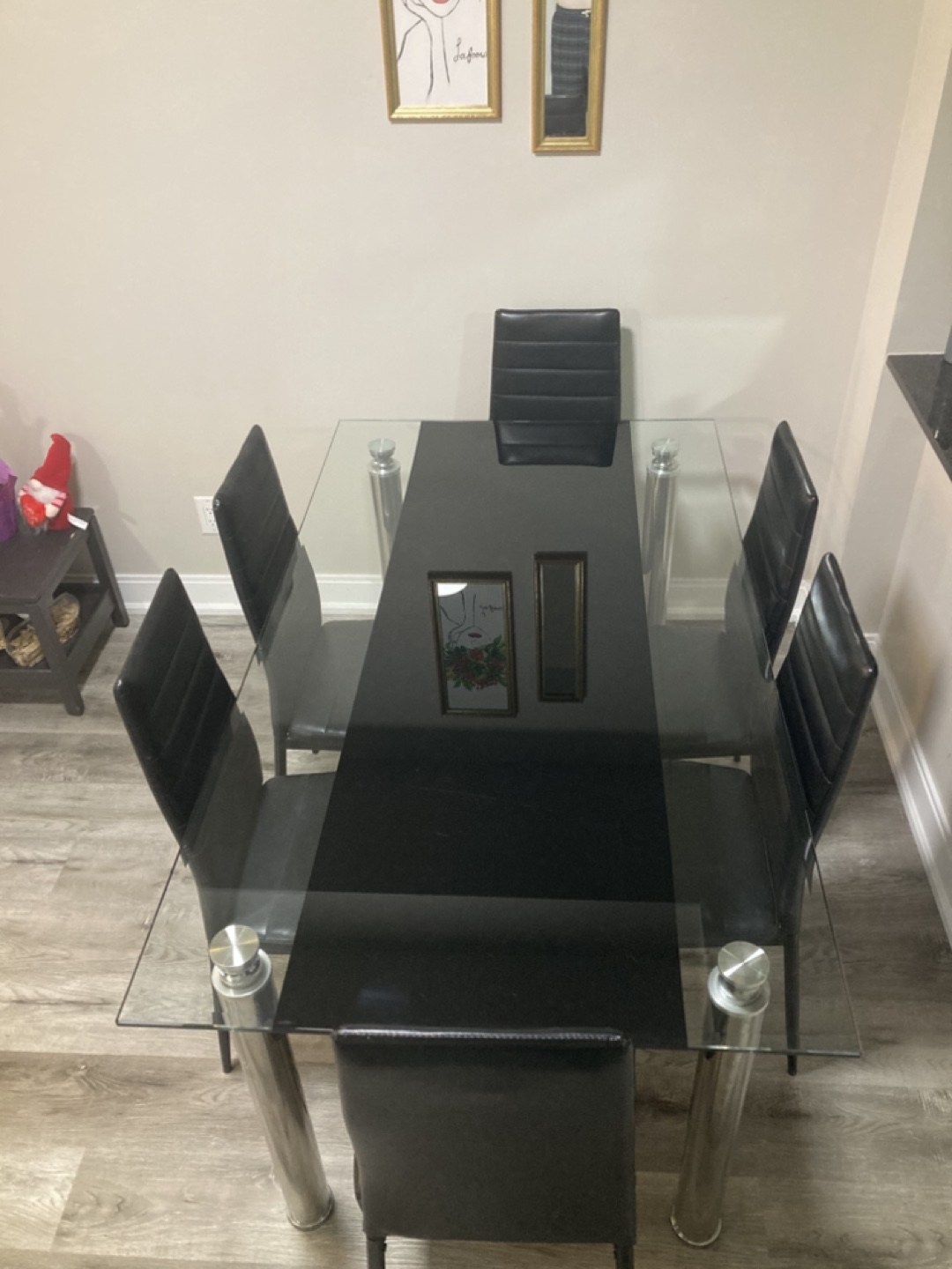 Glass Dining Table Set with 6 Black Leather Chairs