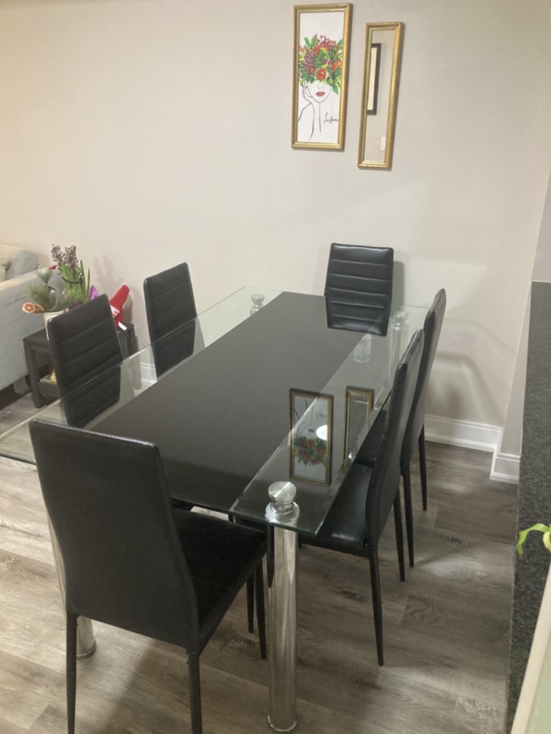 Glass Dining Table Set with 6 Black Leather Chairs - photo 3