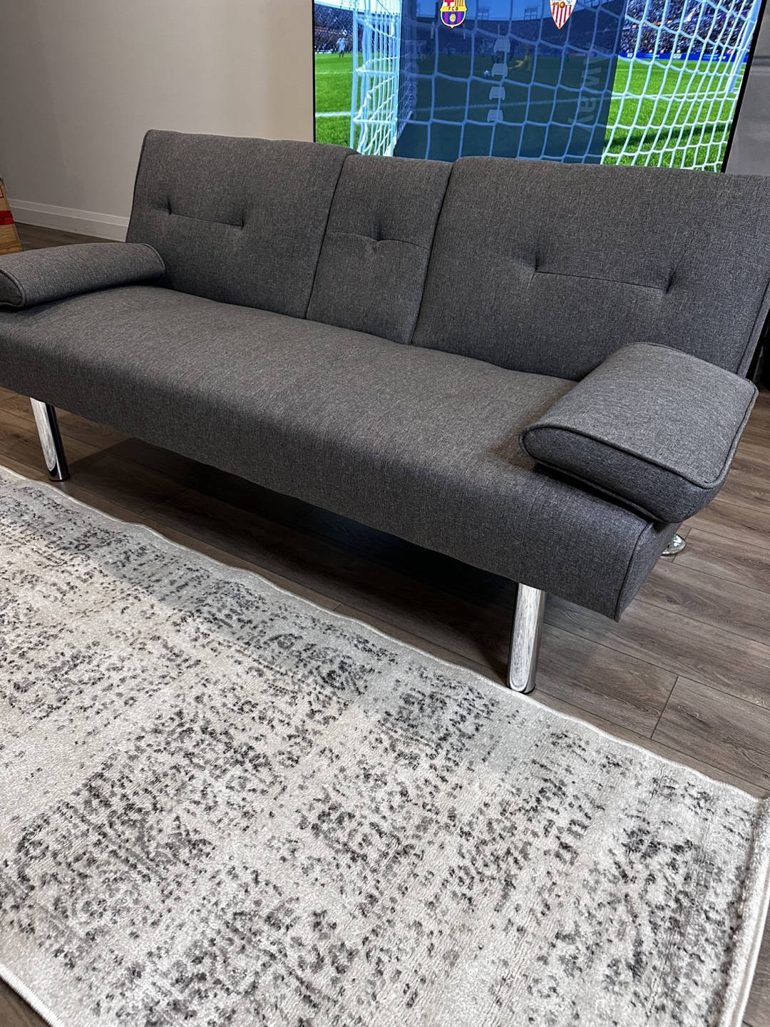 Grey Futon Sofa Bed with Cup Holders