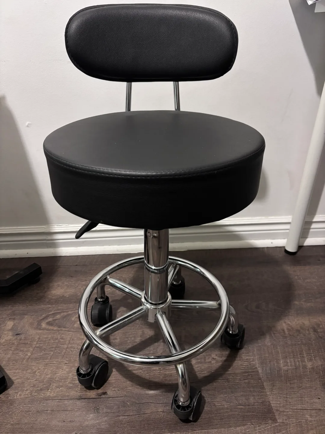 Black Rolling Salon Stool with Backrest thumbnail