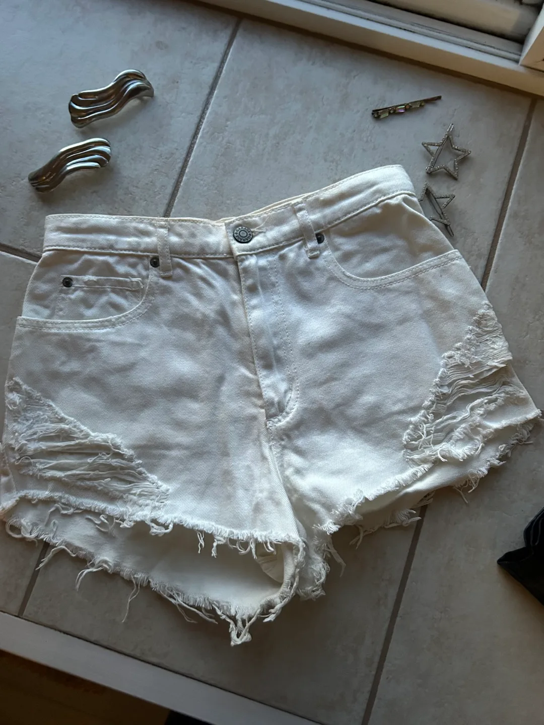 Garage White Distressed Denim Shorts thumbnail