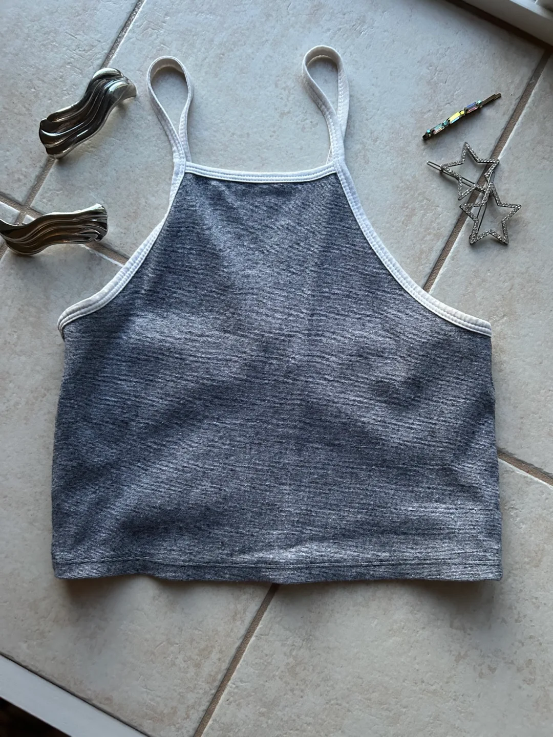 Zara Grey cropped tank top with white trim thumbnail