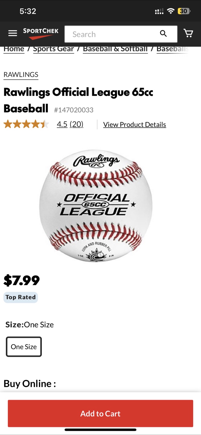 Rawlings Official League 65cc Baseball