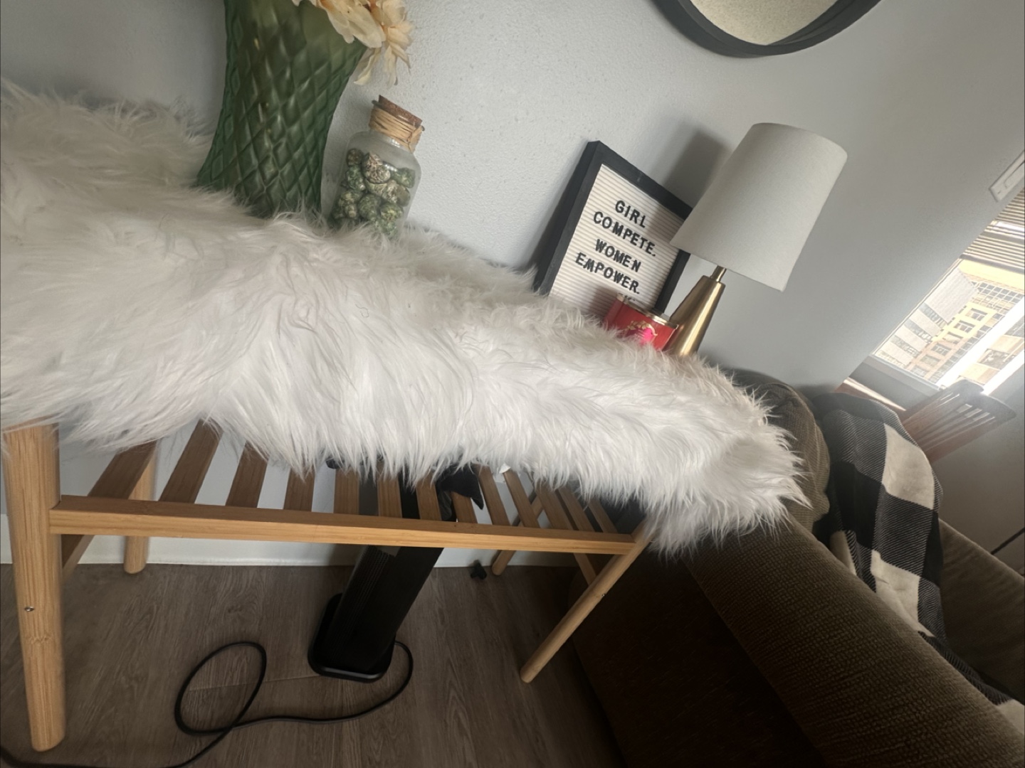 White Faux Fur Table Runner with Bamboo Console Table - photo 2