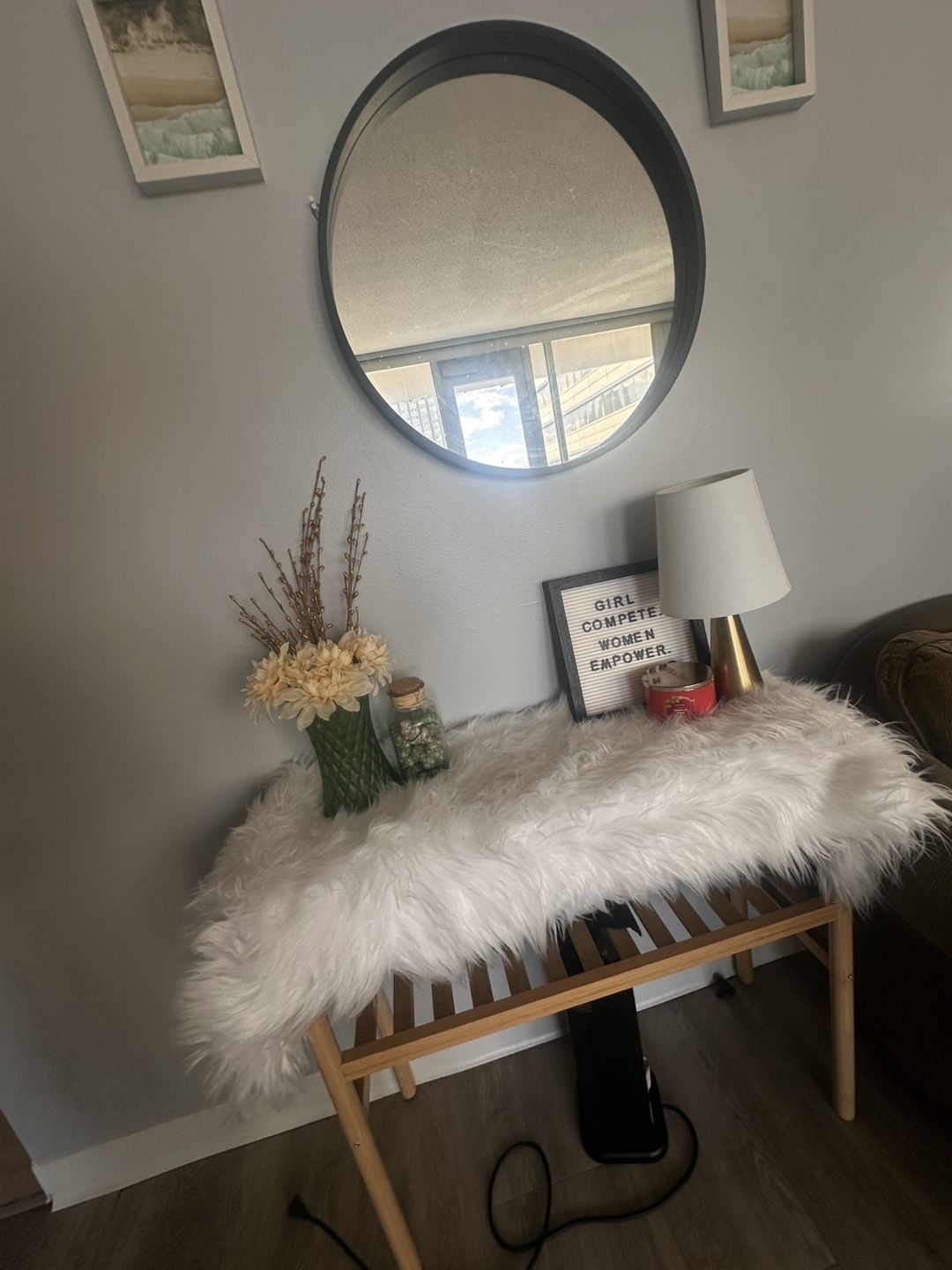White Faux Fur Table Runner with Bamboo Console Table - photo 4