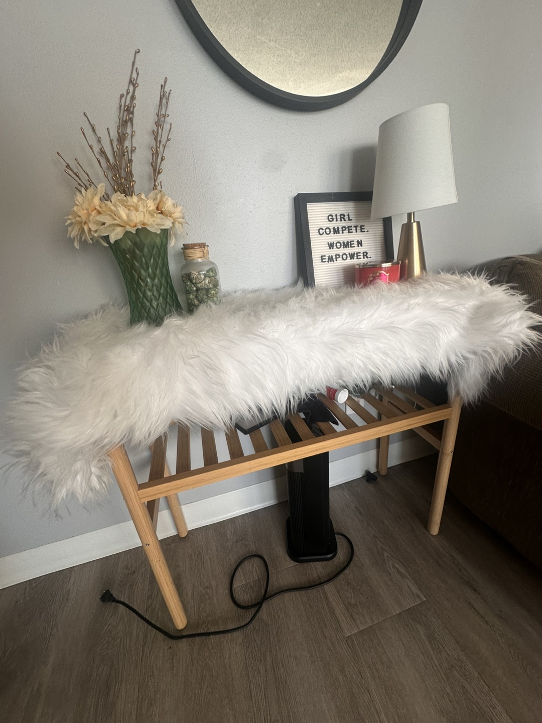 White Faux Fur Table Runner with Bamboo Console Table