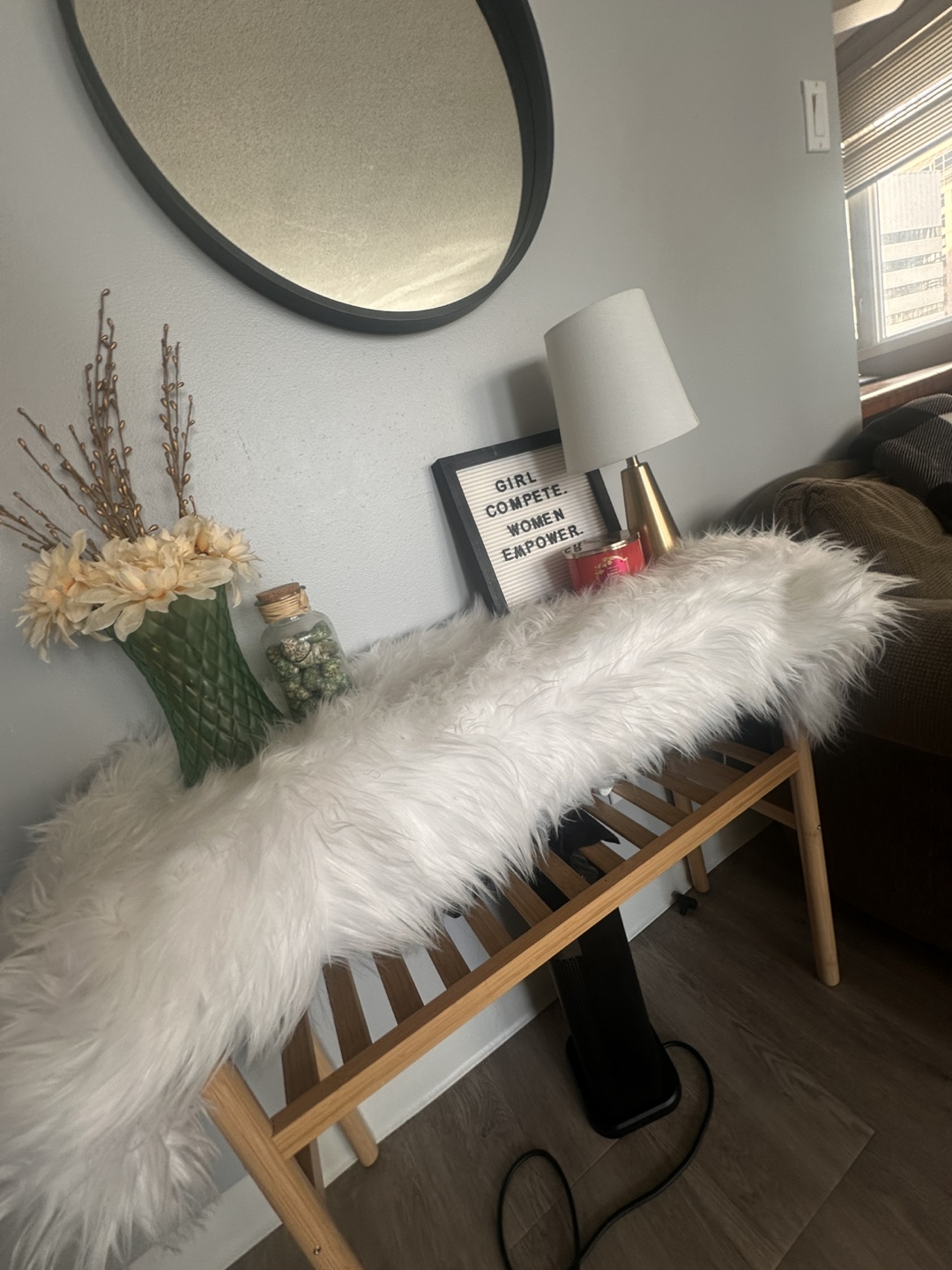 White Faux Fur Table Runner with Bamboo Console Table - photo 3