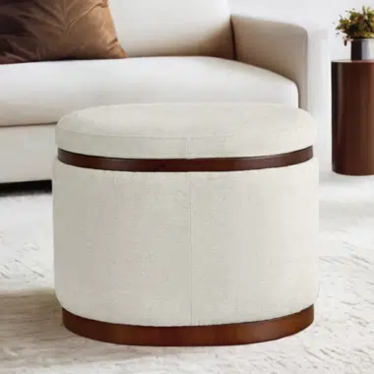 Round Storage Ottoman with Wooden Base - photo 2