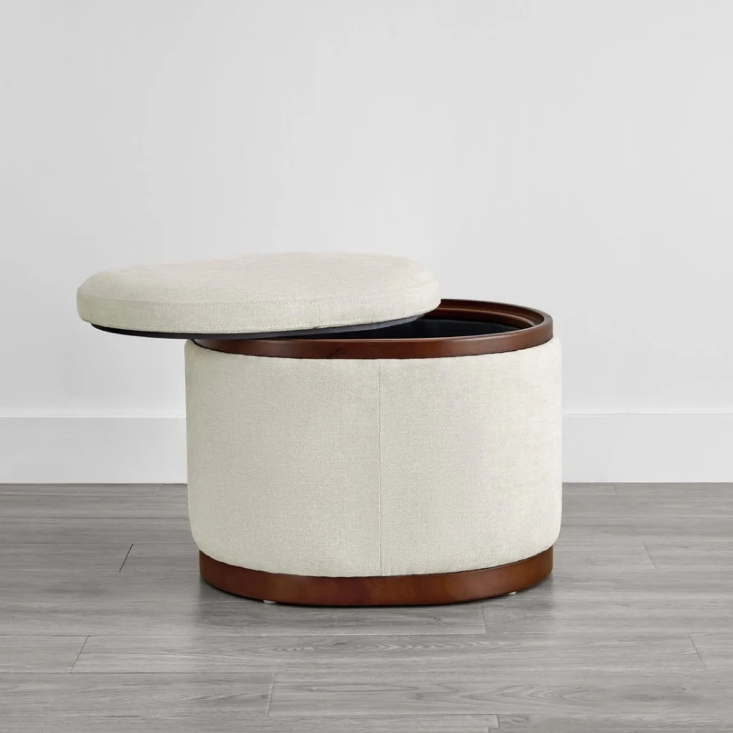 Round Storage Ottoman with Wooden Base thumbnail