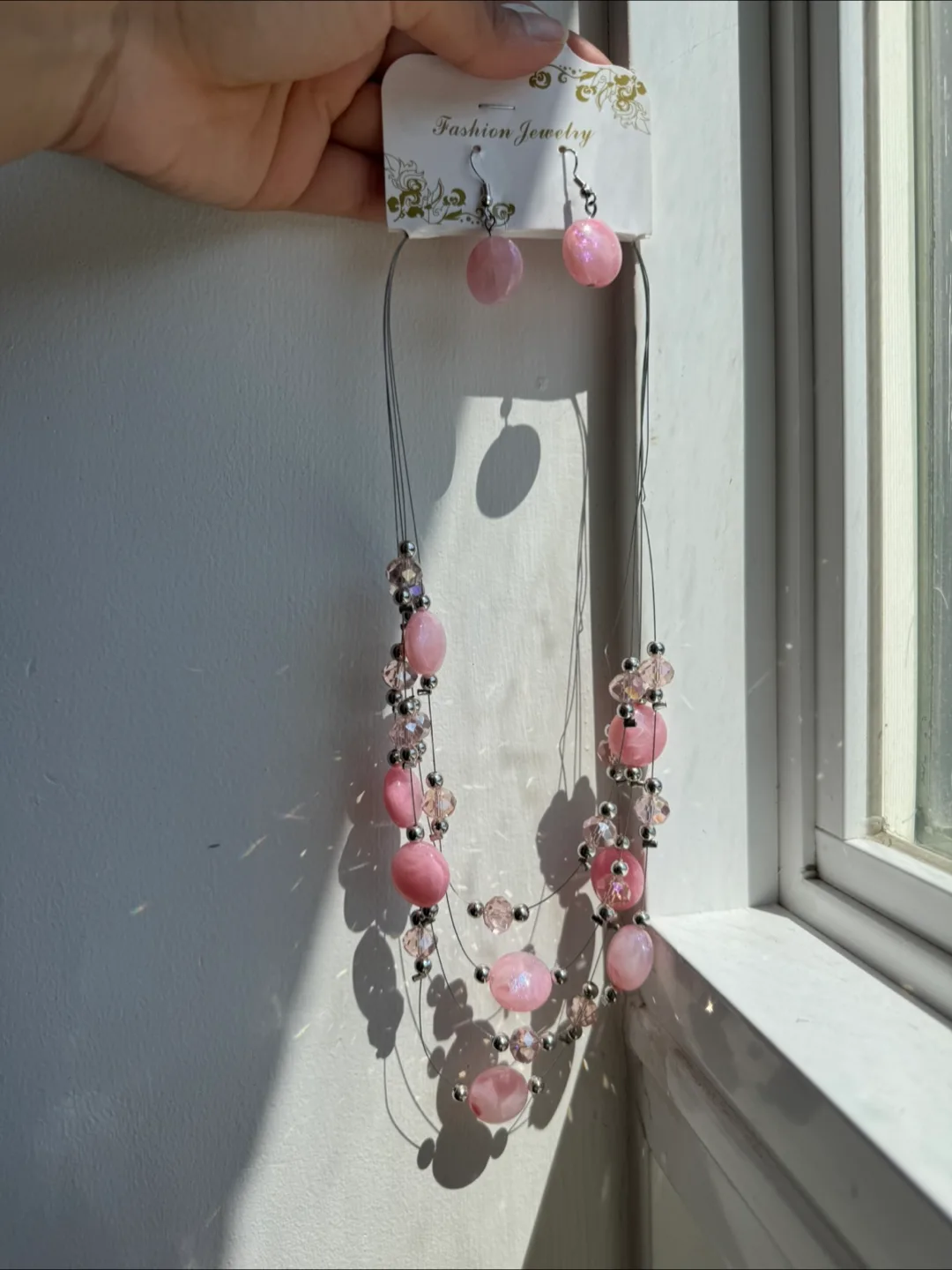Pink Beaded Necklace and Earrings Set thumbnail