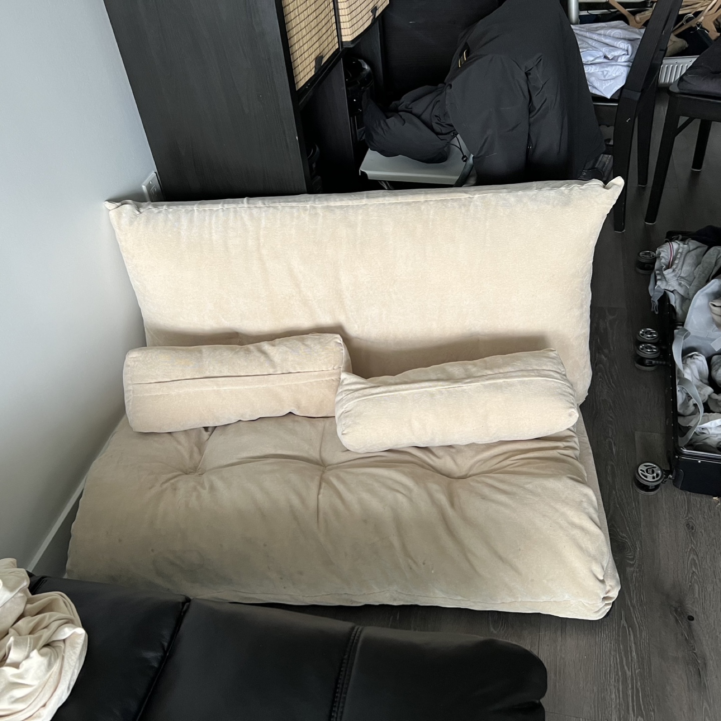 Beige Futon Couch with Pillows