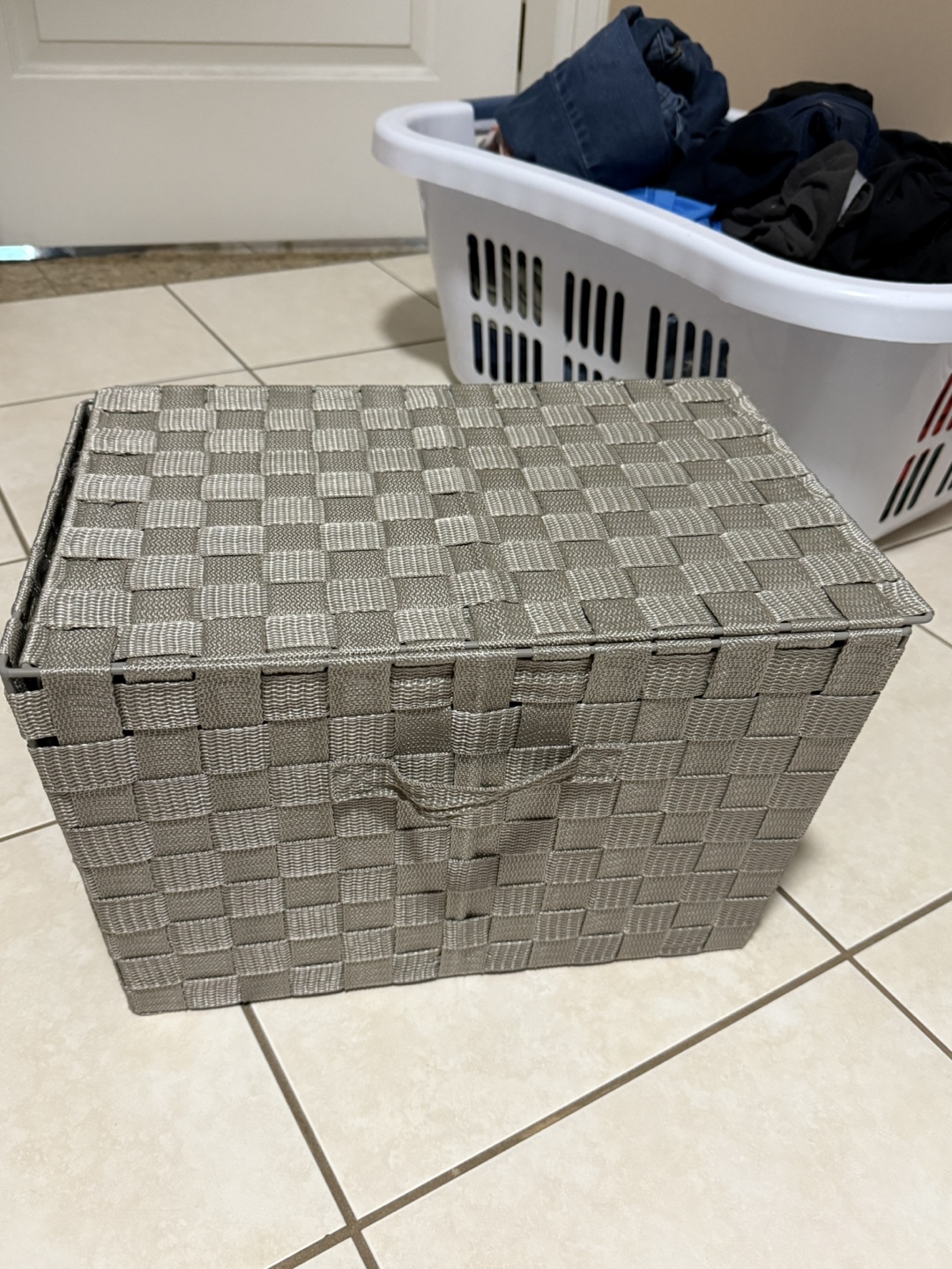 Silver Woven Storage Bin with Lid