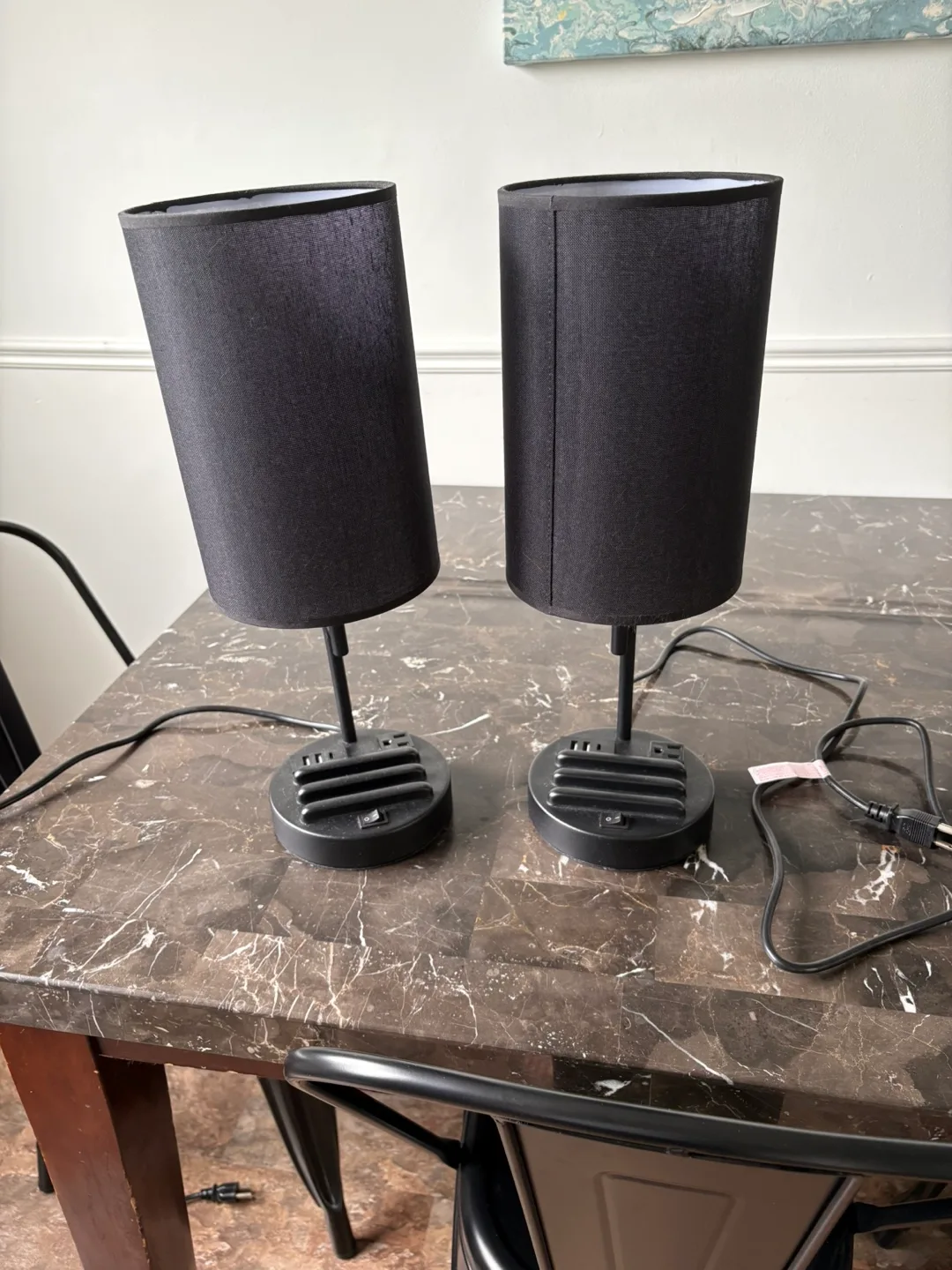 Pair of Black Table Lamps with USB Ports