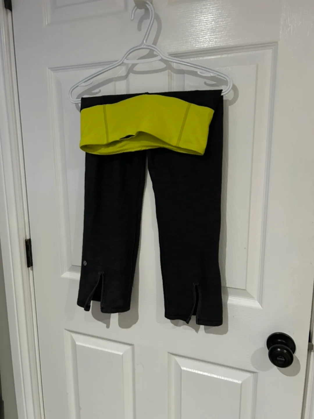 Lululemon Black & Chartreuse Crops with Built-in Bra thumbnail