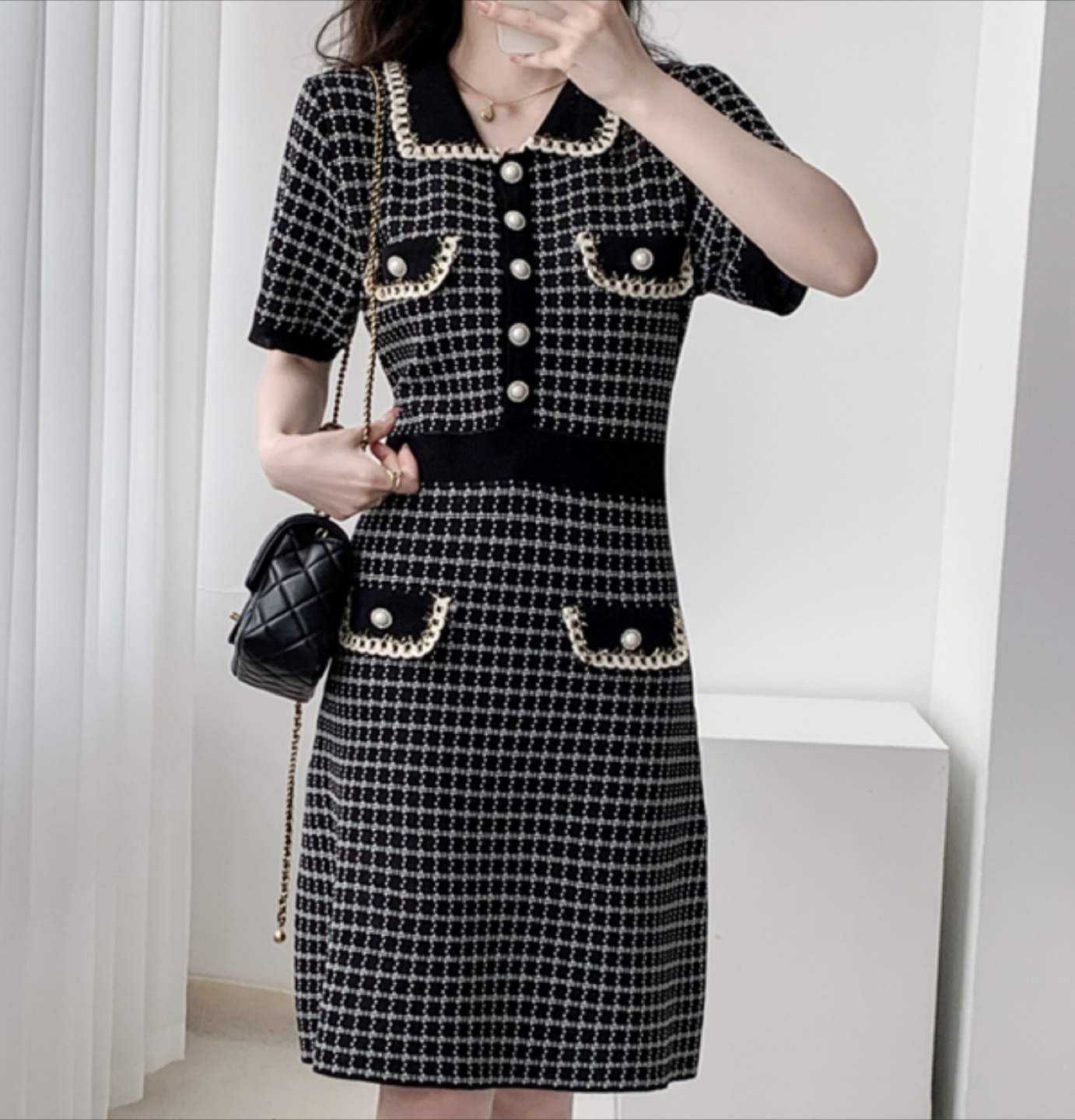 Black and White Knitted Mini Dress