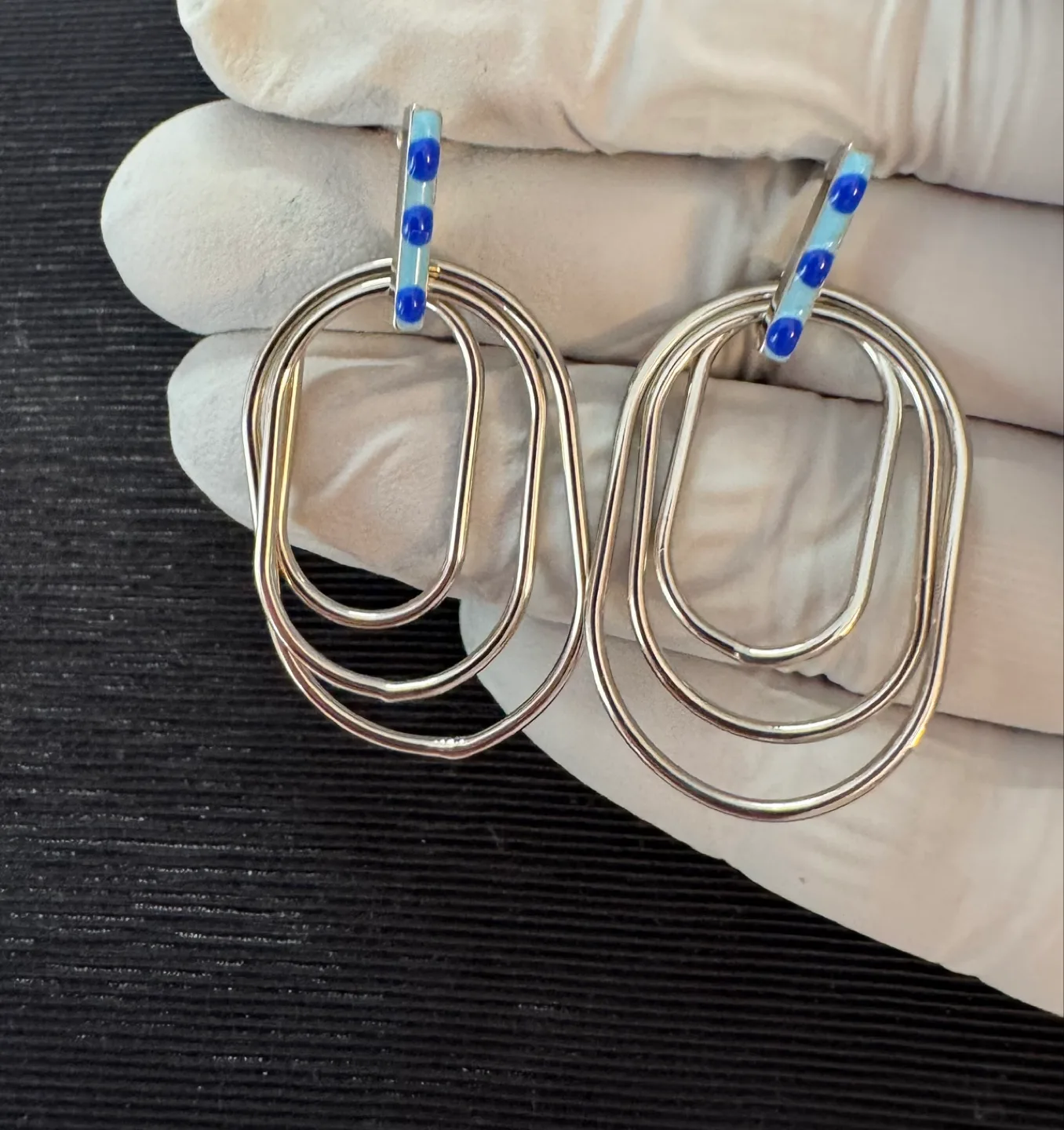 14K Plated Triple Oval Earrings Hypoallergenic, Enameled Blue image indicator(2)