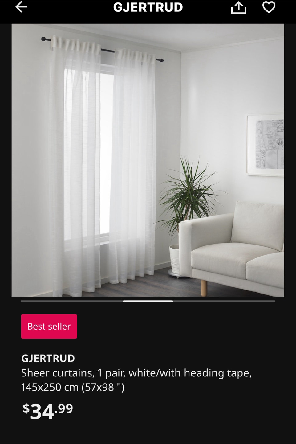 IKEA GJERTUD Sheer Curtains - White - 145x250cm
