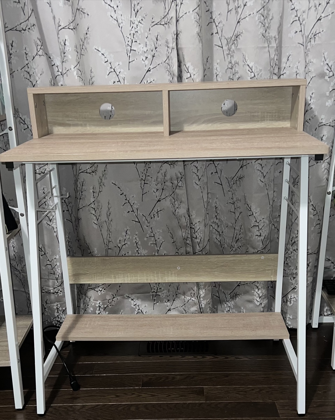 White and light wood computer desk with shelf
