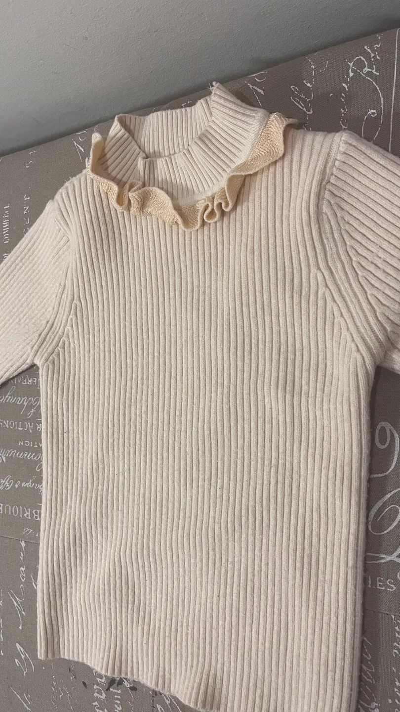 Cream Ribbed Mock Neck Sweater with Ruffle Detail thumbnail