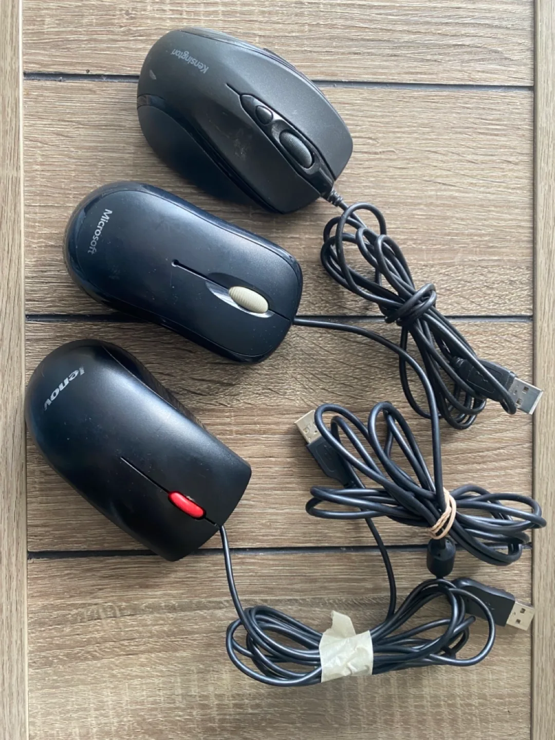 Three Wired Computer Mice - Kensington, Microsoft, Lenovo thumbnail
