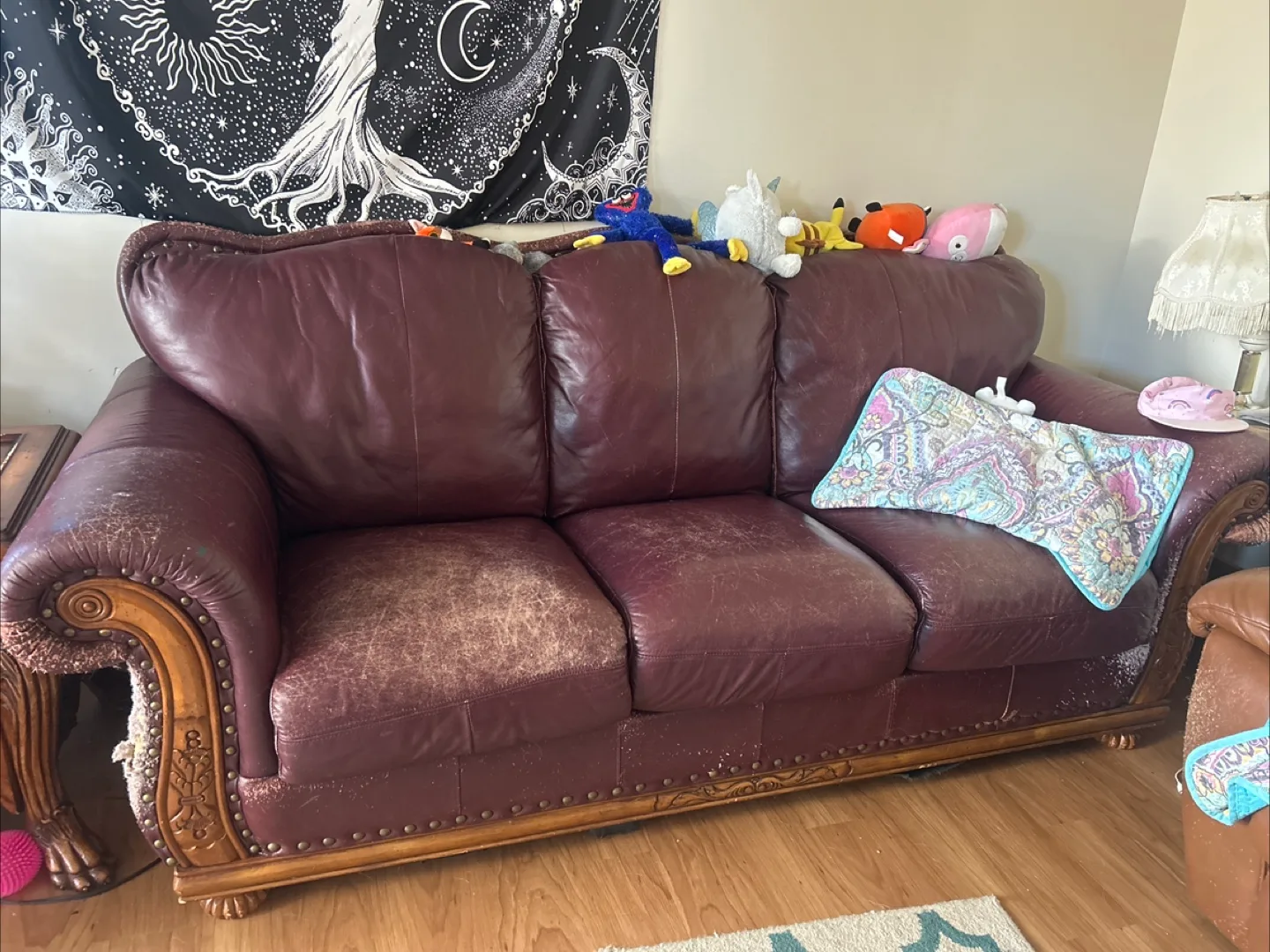Used Wood Carved Leather Sofa thumbnail