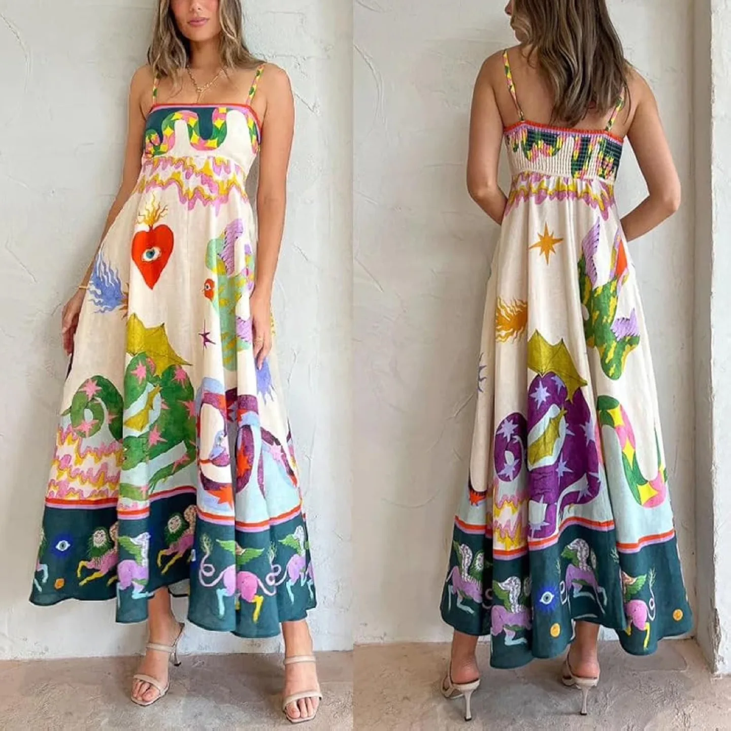 New Spaghetti Strap Graffiti Maxi beach Dress thumbnail