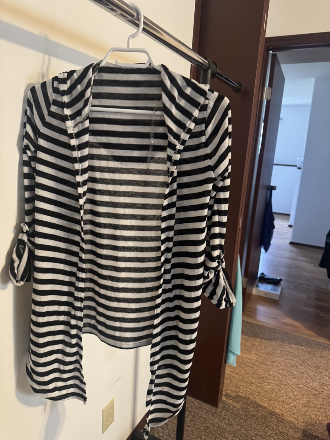 Black and White Striped Hooded Cardigan