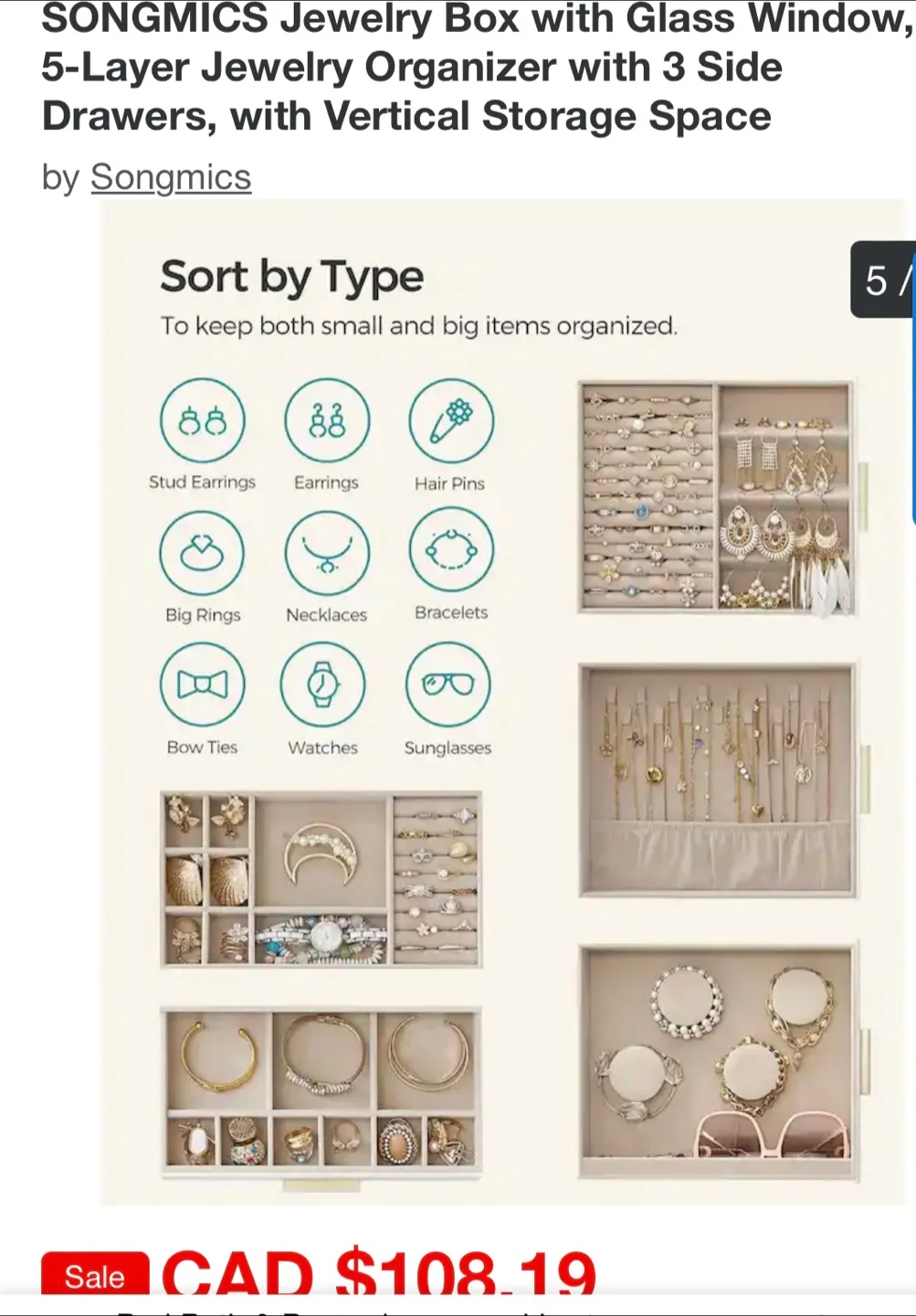 SONGMICS Jewelry Armoire with Glass Front image indicator(5)