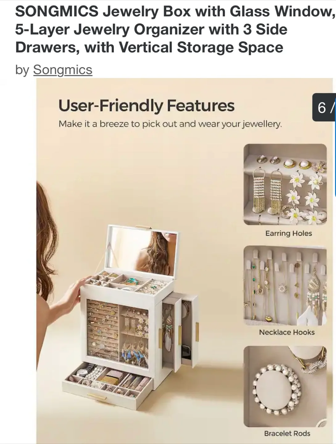 SONGMICS Jewelry Armoire with Glass Front image indicator(6)