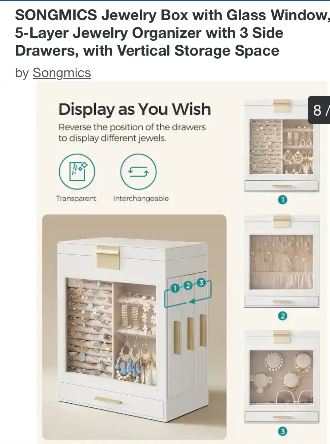 SONGMICS Jewelry Armoire with Glass Front image indicator(8)