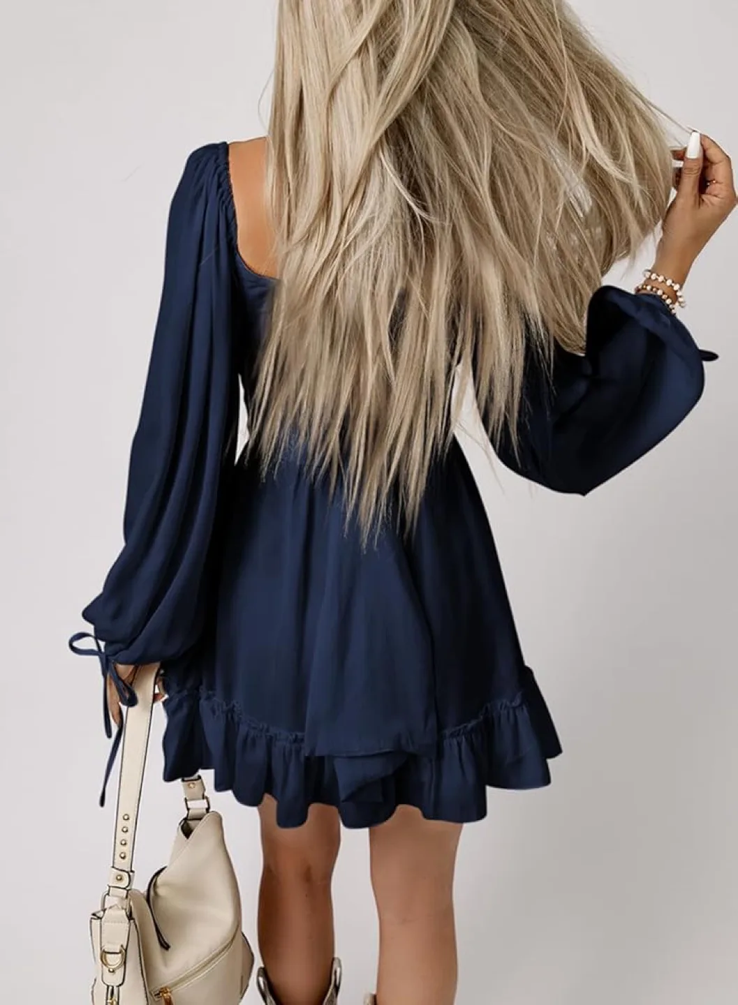 New Acelitt Casual Long lantern Sleeve, Square Neck mini dress-M image indicator(3)